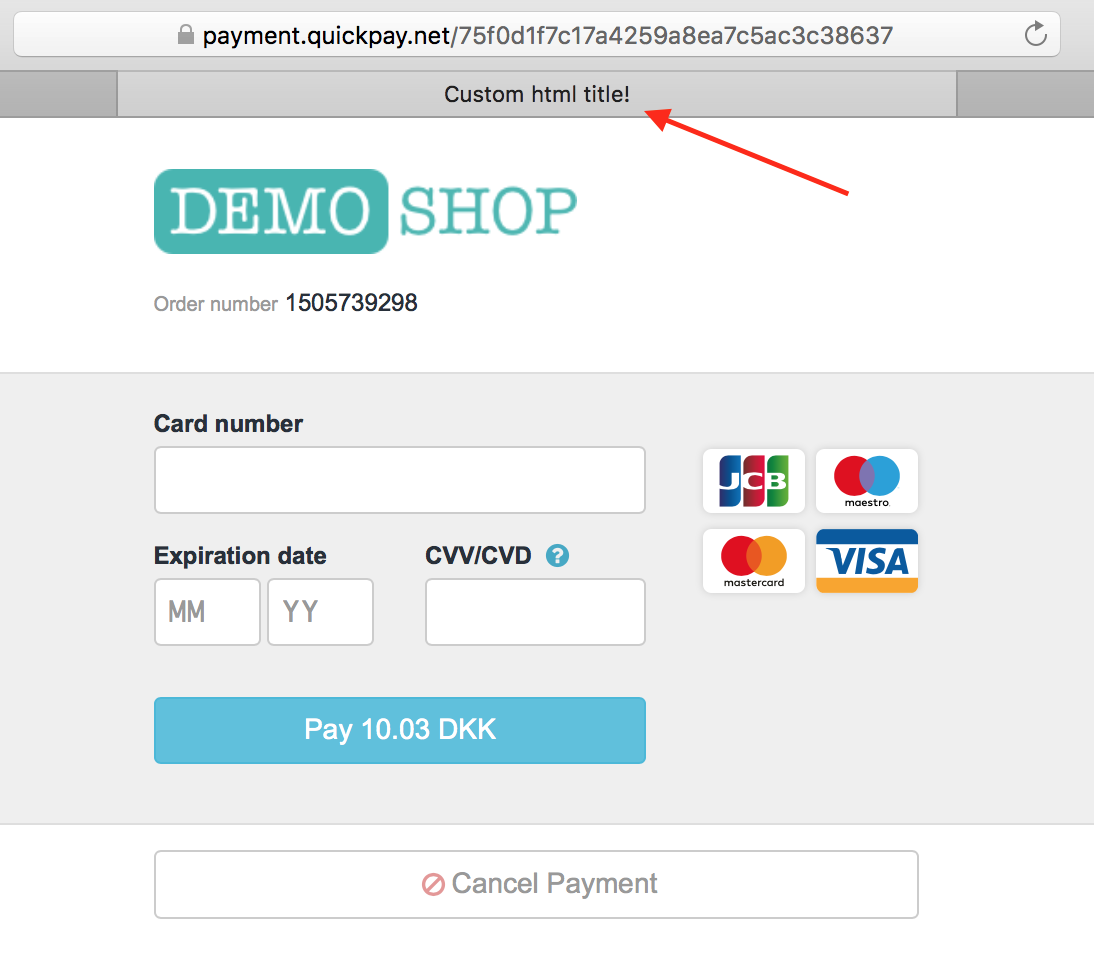 Quickpay Payment Window custom HTML title